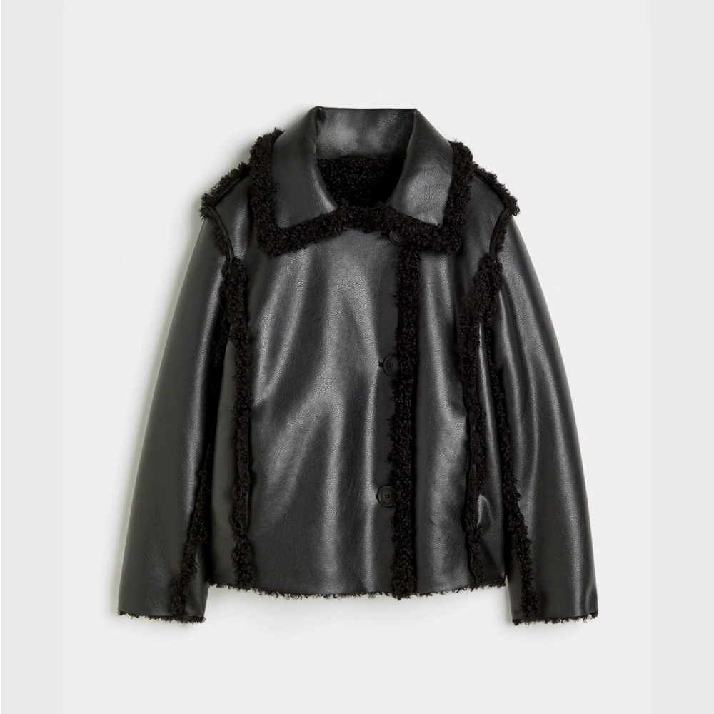 H&M Black Faux Leather Shearling Reversible Jacket - Women's Cozy Coat like new!